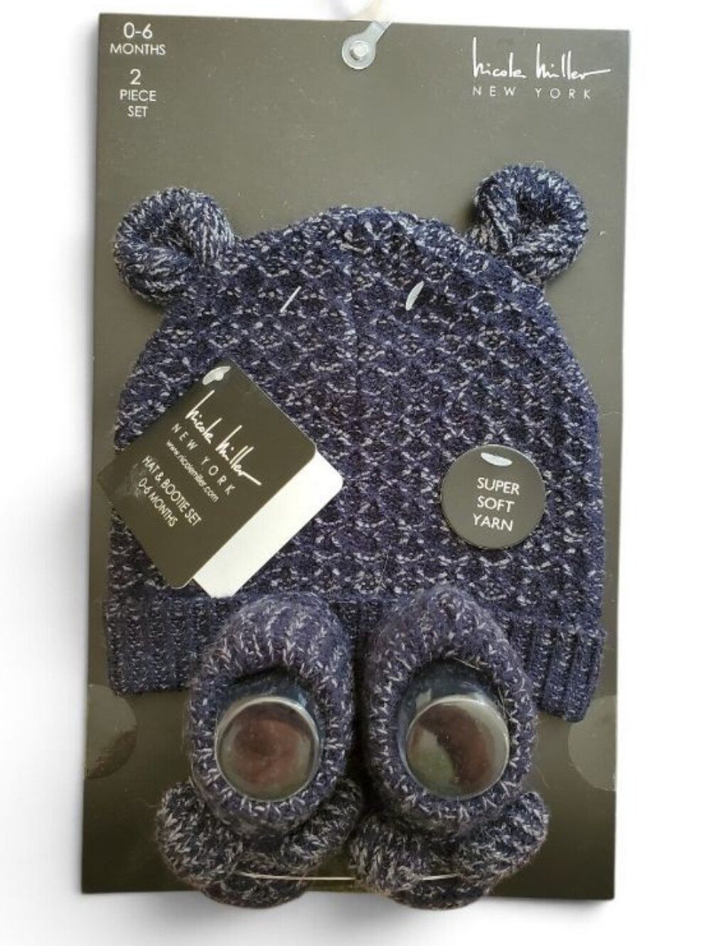 Nicole Miller Navy & White Marled Knit Baby Hat and Booties Set 0-6 Months
